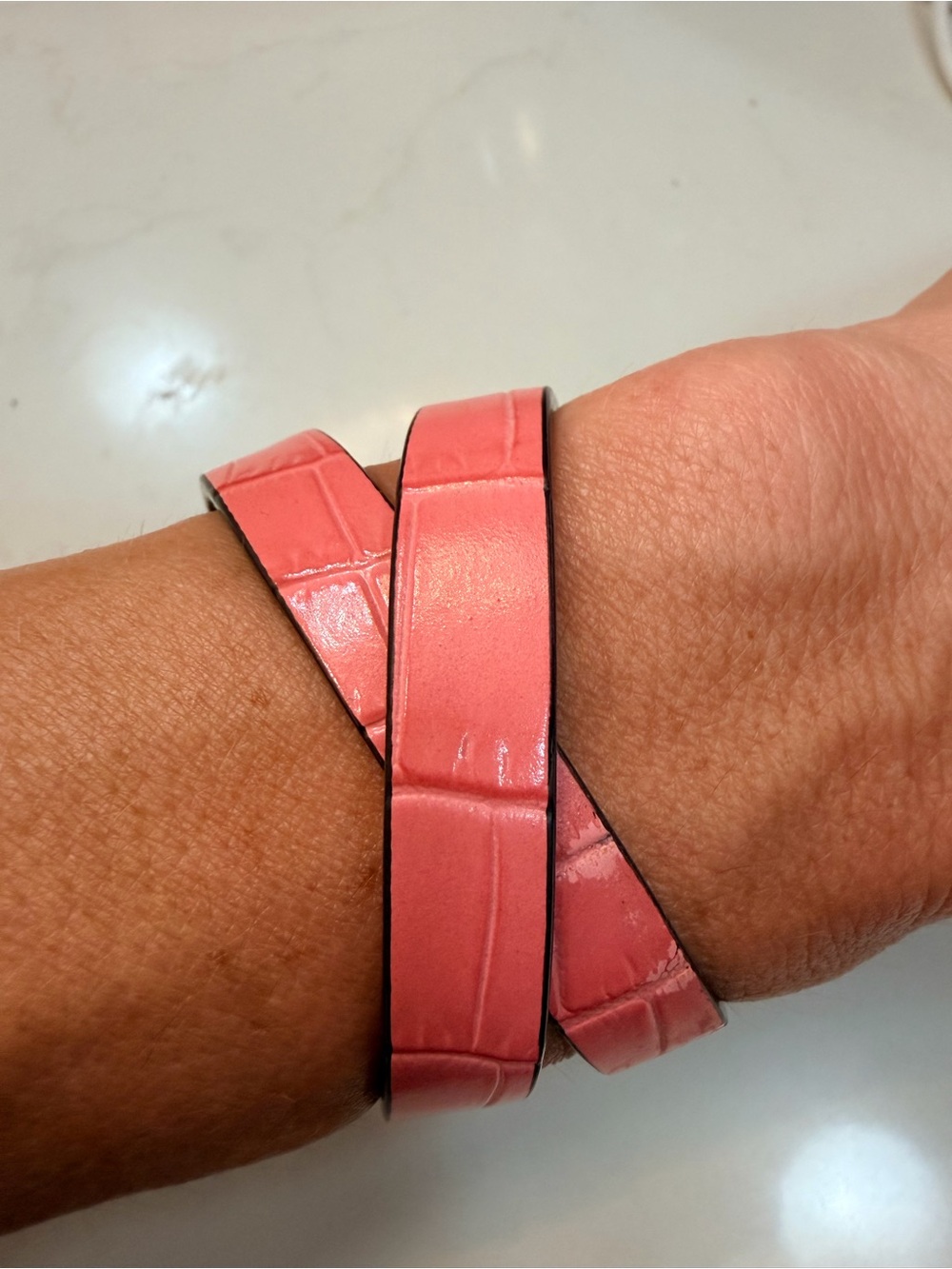 Alexander McQueen Coral Pink Croc-Embossed Wrap Bracelet with Gold Skull